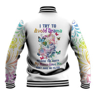 Multicolor sugar skull graphic baseball jacket with ribbed striped collar and cuffs