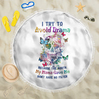 Multicolor sugar skull beach blanket with round fringe edge and full "Avoid Drama" print
