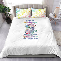 Multicolor sugar skull bedding set with white duvet and patterned accent pillows