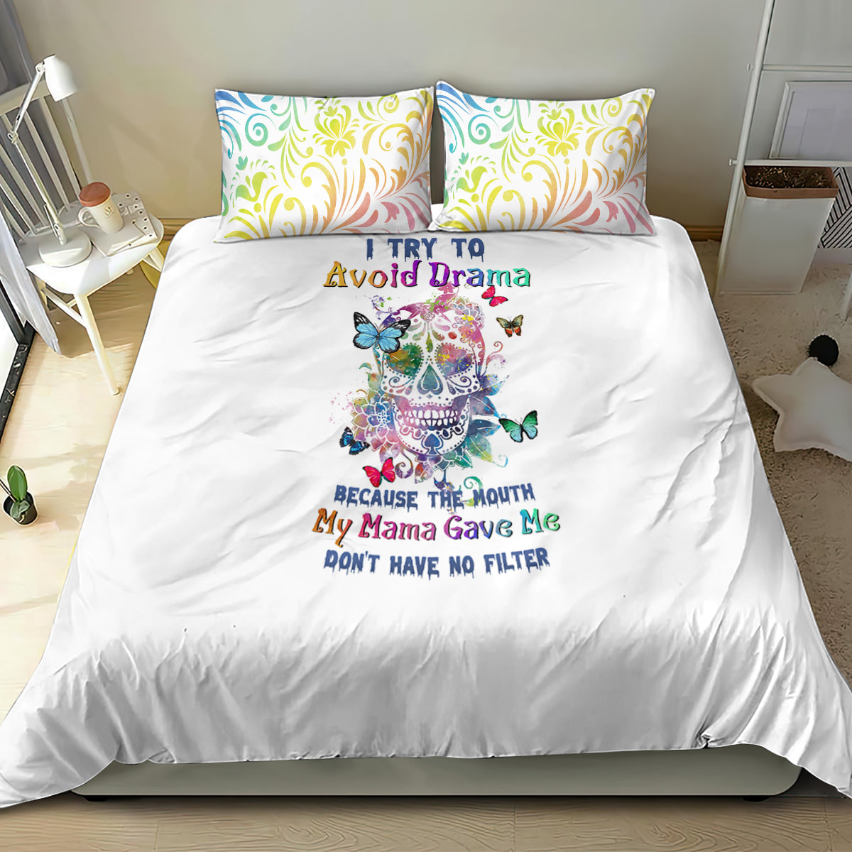White duvet bedding set with 'Try to Avoid Drama' sugar skull and swirl pillows