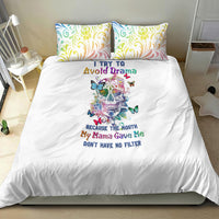 White duvet bedding set with 'Try to Avoid Drama' sugar skull and swirl pillows