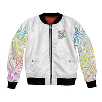 White unisex bomber jacket with front zipper, small skull graphic, multicolor floral sleeves
