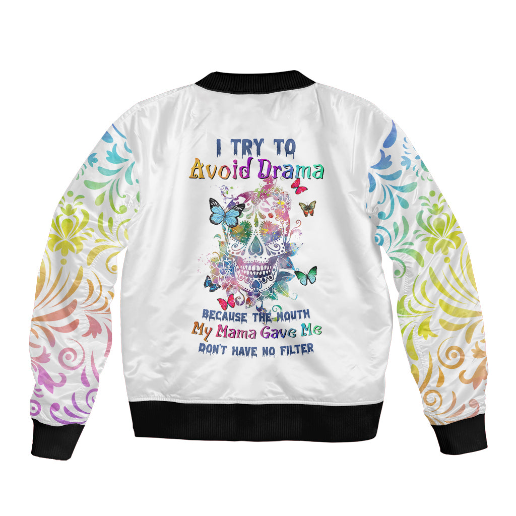 White unisex bomber jacket with colorful sugar skull graphic, butterflies, and ribbed cuffs