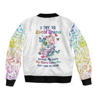 White unisex bomber jacket with colorful sugar skull graphic, butterflies, and ribbed cuffs