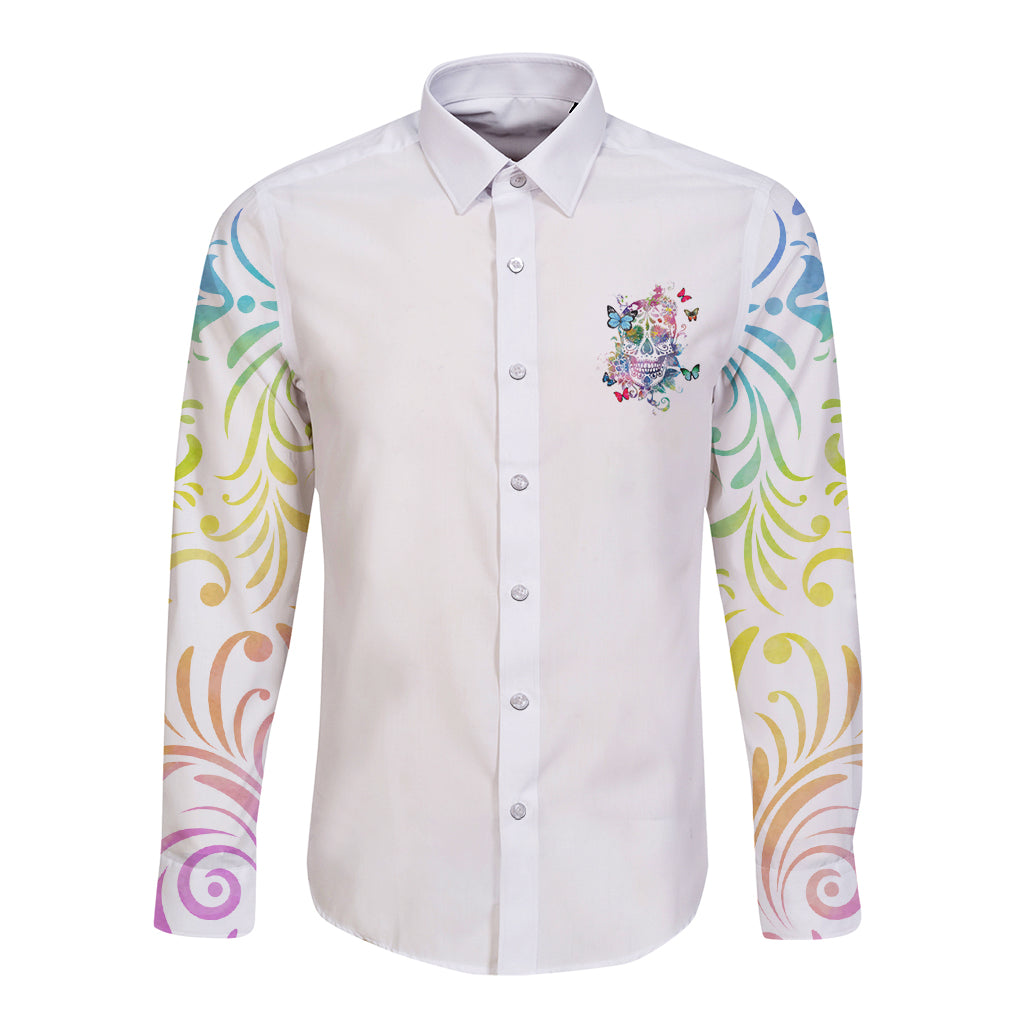 Unisex long-sleeve button shirt, white with small colorful chest graphic and sleeve swirls