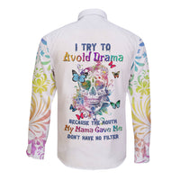 Unisex long-sleeve button shirt, white with colorful sugar skull back graphic