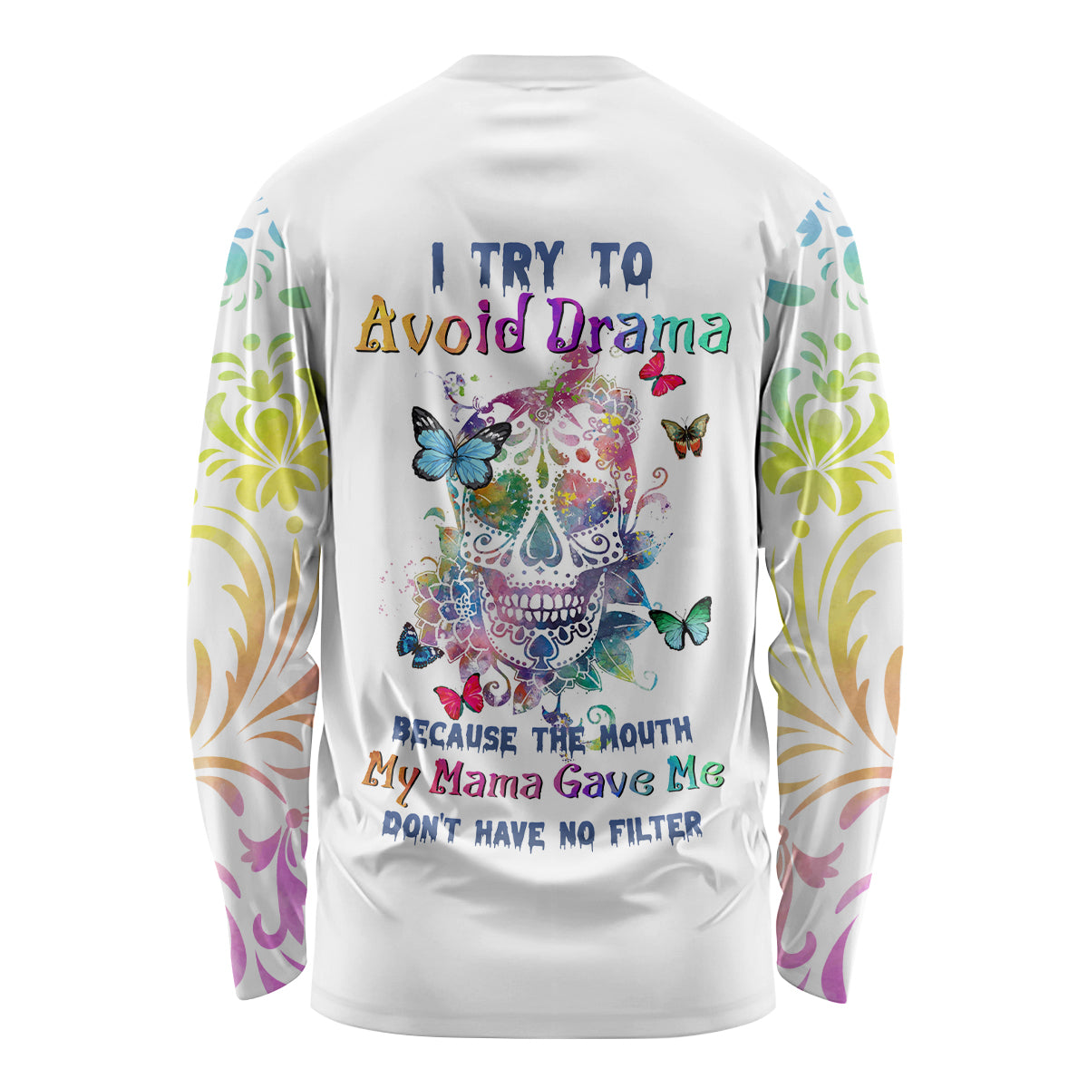 Unisex long-sleeve shirt with colorful sugar skull and butterfly back graphic