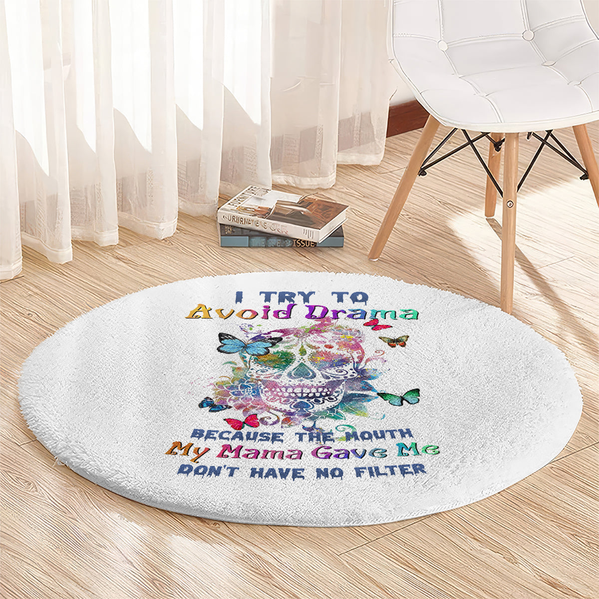 Round white circular rug with colorful sugar skull print and quote wording