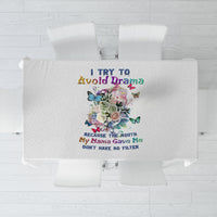 White tablecloth with centered multicolor skull-floral graphic and text design