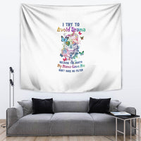 White tapestry wall hanging with colorful sugar skull, butterflies, and motivational quote text