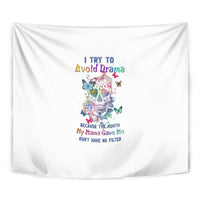 White tapestry wall hanging close-up with colorful sugar skull, butterflies, and quote text