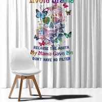White window curtain with colorful sugar skull and butterfly graphic, full panel print.