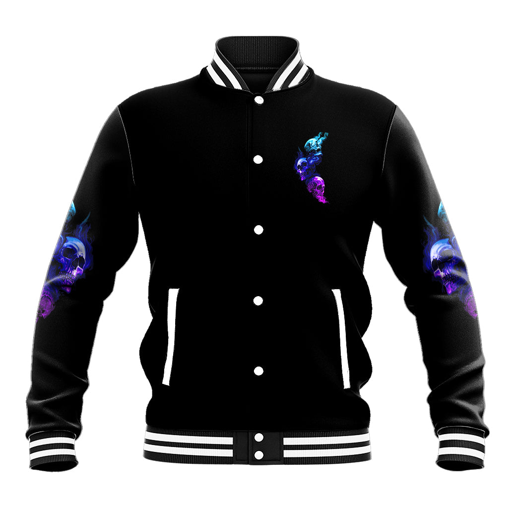 Black unisex baseball jacket, front button-up with colorful skull sleeve print