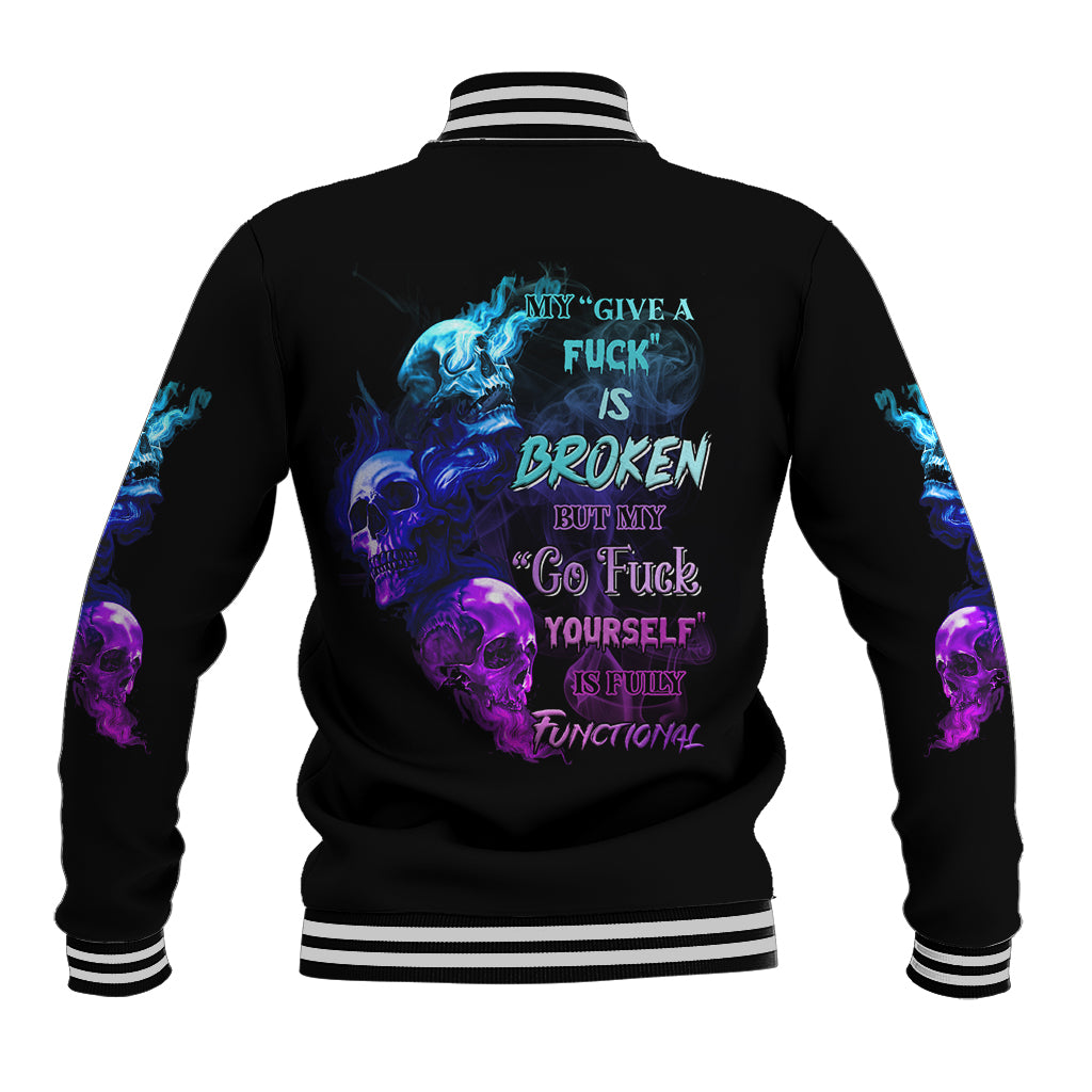 Black unisex baseball jacket, colorful skull and flame back graphic with text