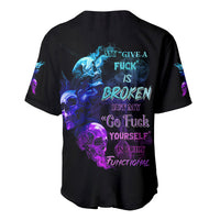 Black baseball jersey with button-front V-neck and blue/purple skull flaming graphic