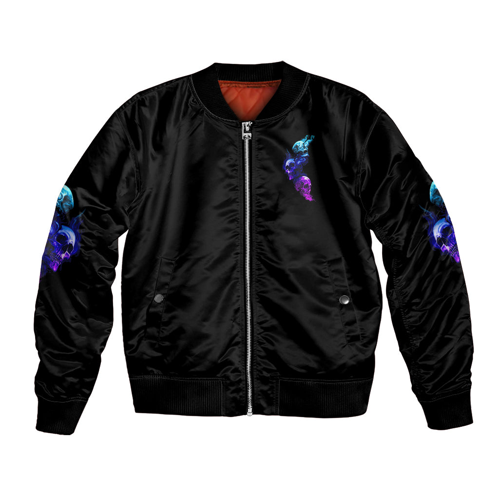 Black unisex bomber jacket with front zipper and blue/purple flame side graphics, ribbed hem