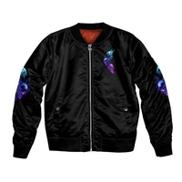 Black unisex bomber jacket with front zipper and blue/purple flame side graphics, ribbed hem