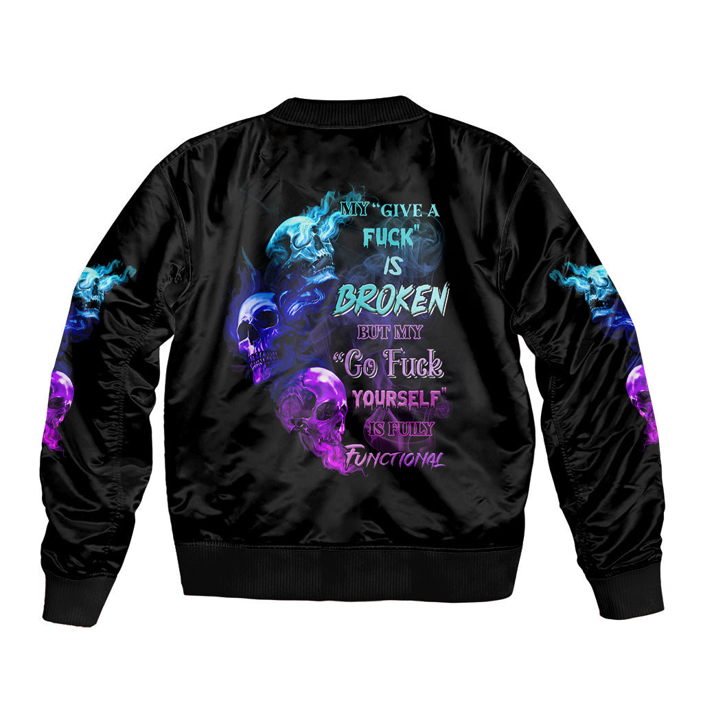 Black unisex bomber jacket with blue and purple skull back graphic, ribbed cuffs