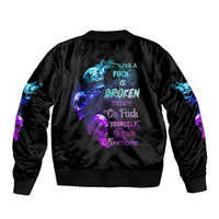 Black unisex bomber jacket with blue and purple skull back graphic, ribbed cuffs