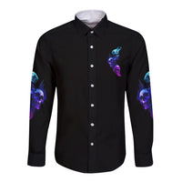 Unisex long sleeve button shirt, black with front skull graphic in blue and purple