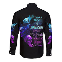 Unisex long sleeve button shirt, black with large back skull graphic in blue and purple