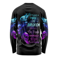 Unisex long-sleeve graphic T-shirt, black with blue/purple skull and flame back print