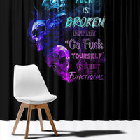 Black window curtains with colorful skull and flame graphic, hanging panels
