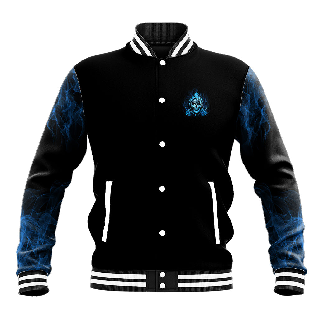 Black baseball jacket with blue skull emblem, snap front, striped ribbed collar and cuffs