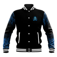 Black baseball jacket with blue skull emblem, snap front, striped ribbed collar and cuffs