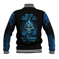 Black skull baseball jacket with blue graphic on back, striped ribbed collar and cuffs