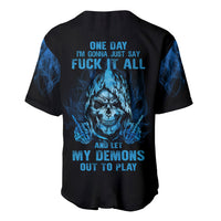 Black baseball jersey with blue skull graphic on back, short sleeves, button front
