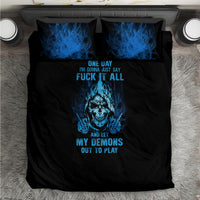 Black duvet with blue skull graphic and flame effect; two coordinated pillowcases