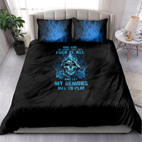 Black skull bedding set with blue flame artwork and matching pillowcases