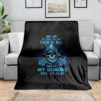 Black skull blanket with blue graphic and bold text design