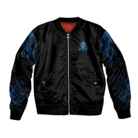 Skull bomber jacket front with black zipper and small blue emblem, satin sheen