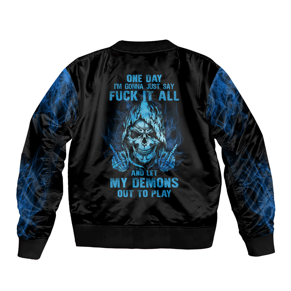 Skull bomber jacket with blue graphic text on back, black satin finish