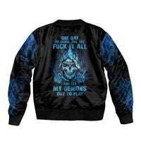 Skull bomber jacket with blue graphic text on back, black satin finish