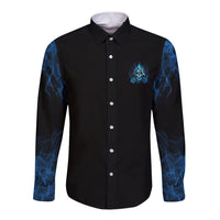 Black long sleeve button shirt with blue flame skull chest logo and patterned sleeves