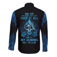Black long sleeve button shirt with blue skull graphic on back