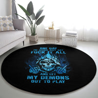Round black carpet with central blue skull design and layered bone details