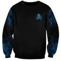 Unisex black crewneck sweatshirt with small blue skull print and blue flame sleeves
