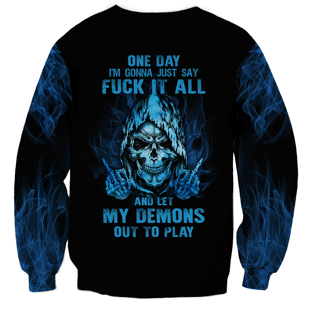 Unisex black skull sweatshirt with blue graphic and slogan, long sleeves, crew neck
