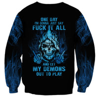 Unisex black skull sweatshirt with blue graphic and slogan, long sleeves, crew neck
