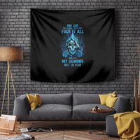 Black wall tapestry with blue skull graphic and stacked slogan text