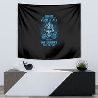 Black wall tapestry with blue skull graphic and bold blue lettering