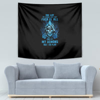 Black wall tapestry with blue skull graphic and stylized slogan