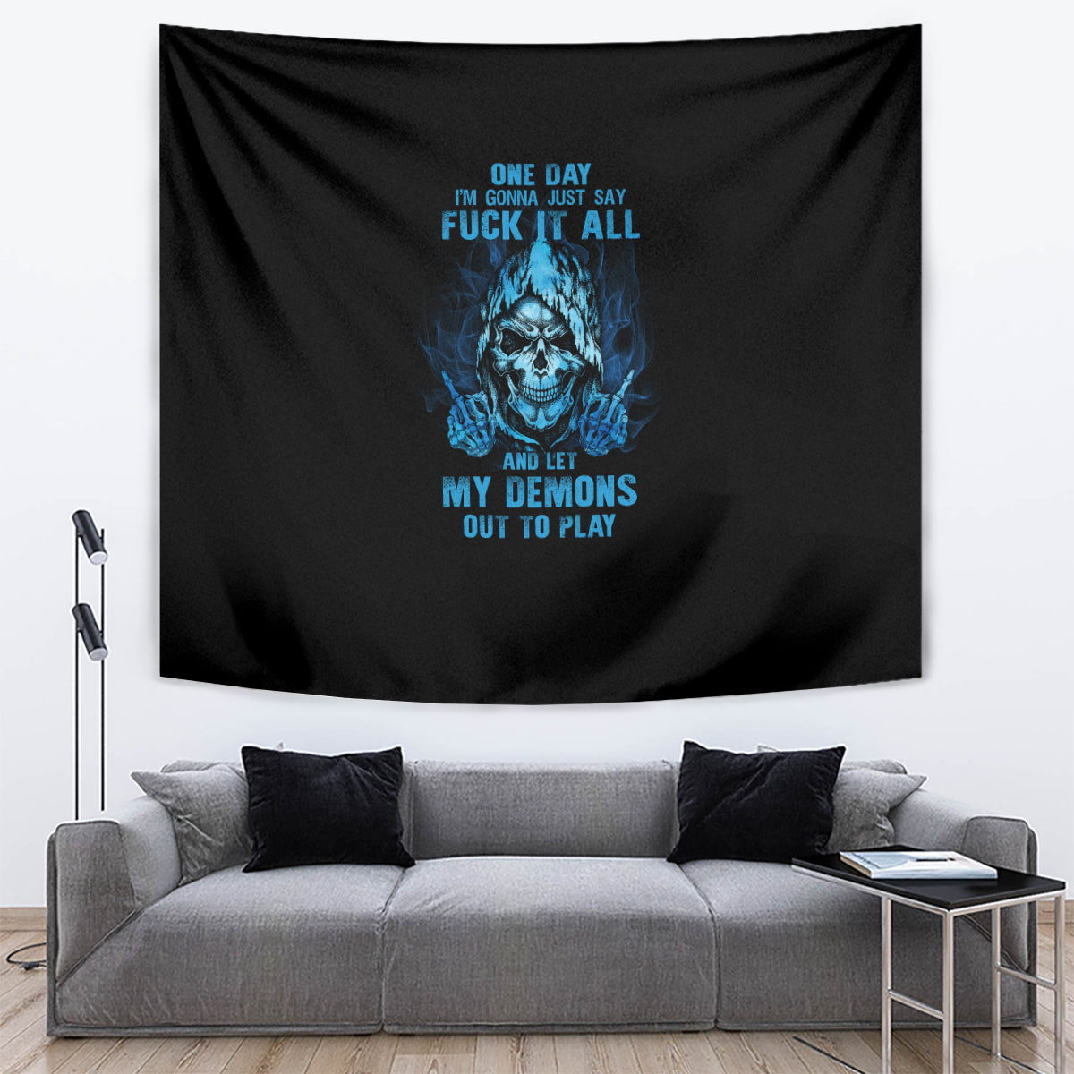 Black wall tapestry with blue skull graphic and multline blue text