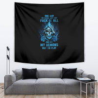 Black wall tapestry with blue skull graphic and multline blue text