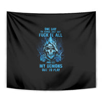 Black wall tapestry with centered blue skull graphic and lettering