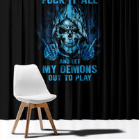 Black window curtain with blue skull graphic and motivational text, full panel view.